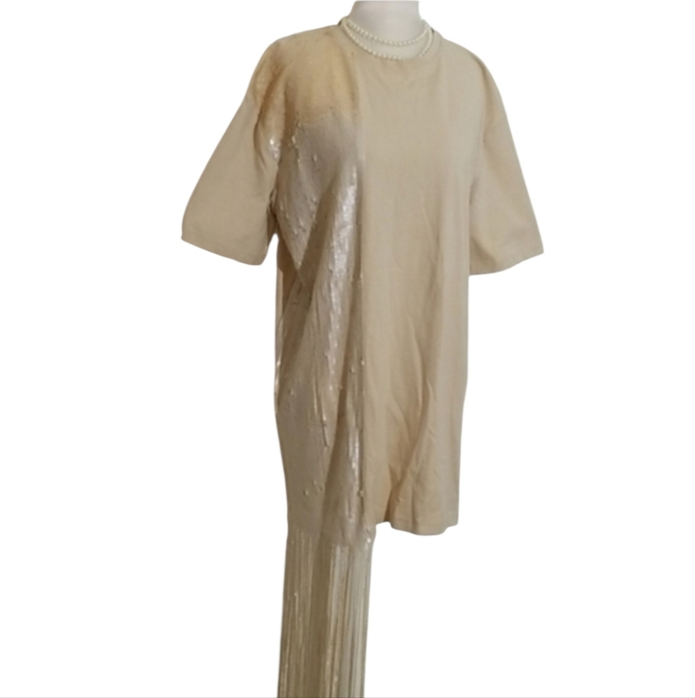 ZARA W/B Collection Cream Fringe Sequins Detail Short Sleeve Oversized T- Shirt